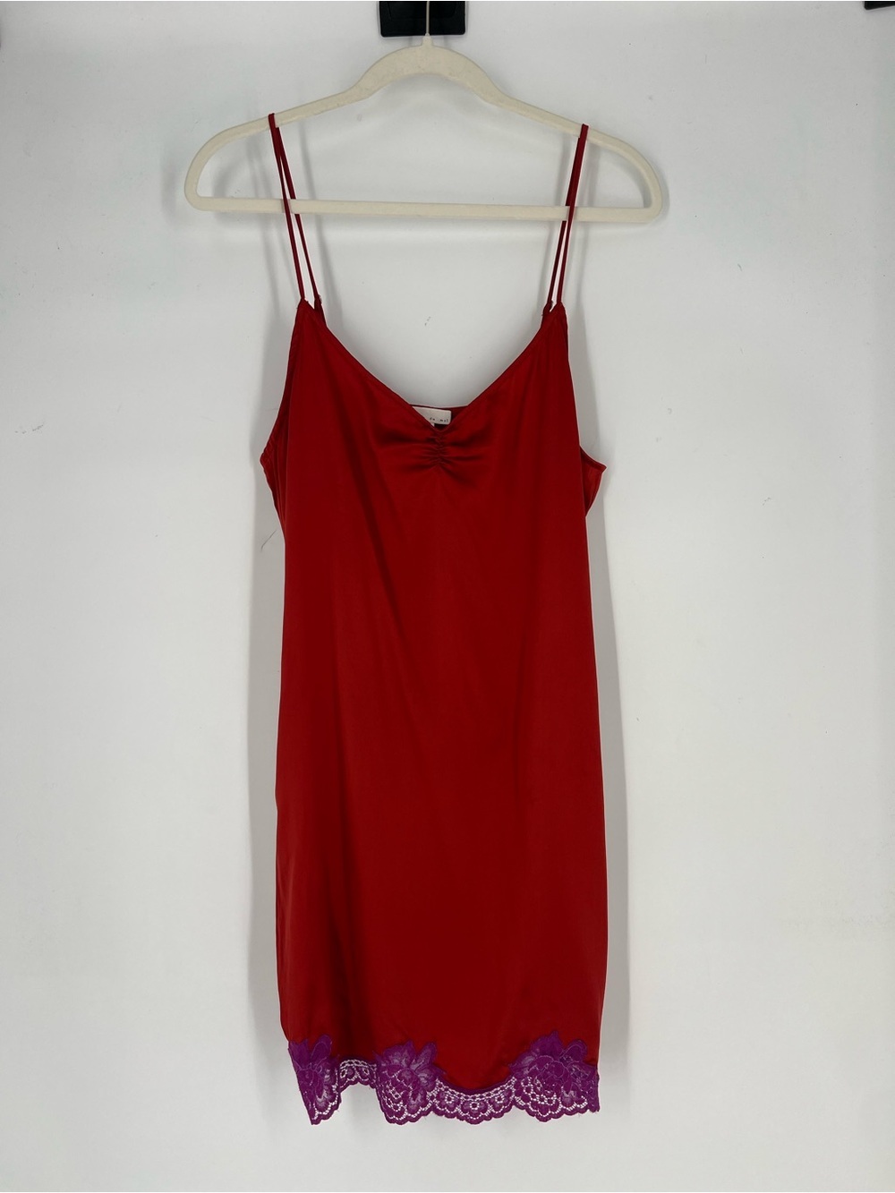 Fleur du Mal Red 100% Silk Satin Romantic Slip Dress with Purple Lace Trim L